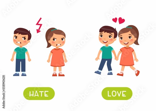 Love and hate antonyms flashcard vector template. Word card for english language learning with flat characters. Opposites concept. Girl and boy quarrel and love illustration with typography