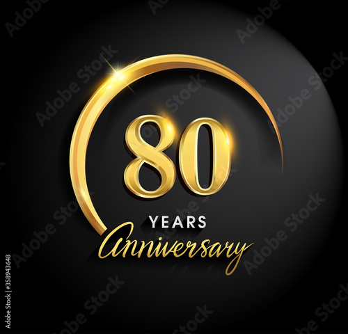 80th years anniversary celebration. Anniversary logo with ring and elegance golden color isolated on black background, vector design for celebration, invitation card, and greeting card