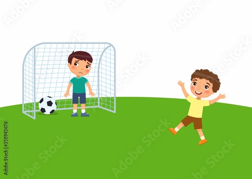 Two little boys are playing soccer flat vector illustration.Child scored a goal and enjoys the win. Kid is sad for losing. Kids playing outdoors cartoon character.  Summer recreation activity.