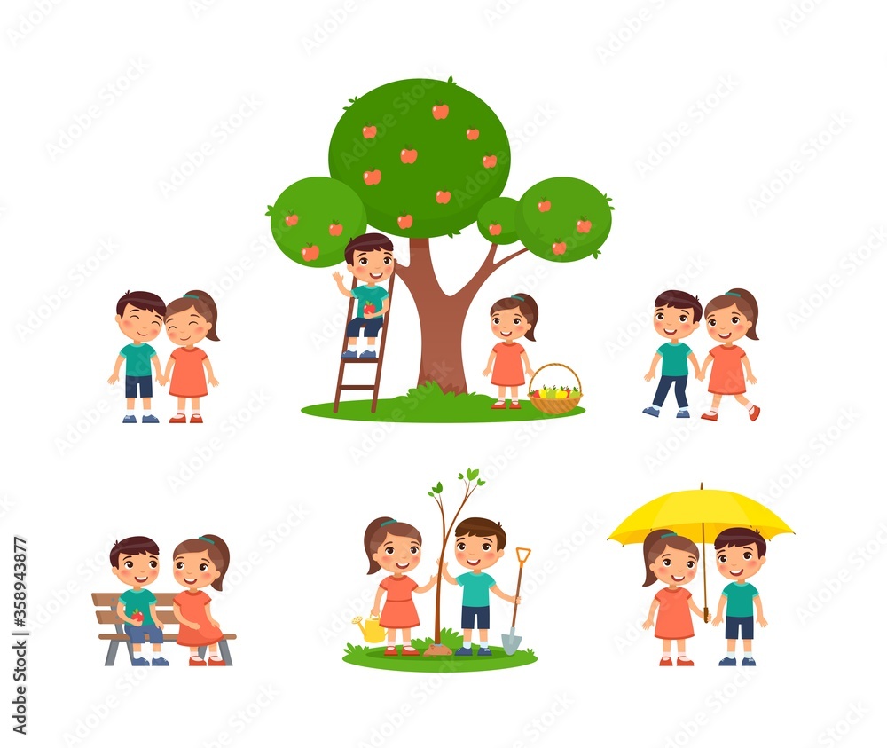 Little boy and girl is spending time in the countryside. The concept of summer fun and friendship. Village holiday, harvesting. Cartoon characters, set of flat vector illustrations. Little boy and girl is spending time in the countryside. The concept of summer fun and friendship. Village holiday, harvesting. Cartoon characters, set of flat vector illustrations.