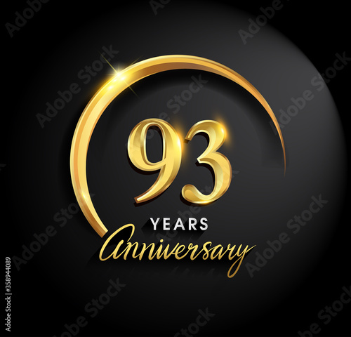 93rd years anniversary celebration. Anniversary logo with ring and elegance golden color isolated on black background, vector design for celebration, invitation card, and greeting card