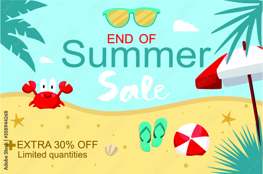 Summer banner sale with 50% off  with palm leaves in the sand for summer seasonal marketing promotion banner. Vector illustration.