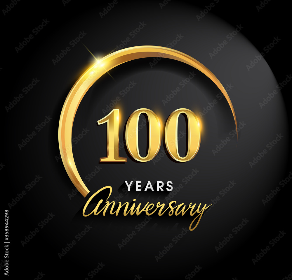 100th years anniversary celebration. Anniversary logo with ring and elegance golden color isolated on black background, vector design for celebration, invitation card, and greeting card 100th years anniversary celebration. Anniversary logo with ring and elegance golden color isolated on black background, vector design for celebration, invitation card, and greeting card