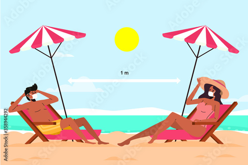 Couple on the beach at tropical resort new normal concept. Vector illustration of woman and man in underwear with mask. People sunbathing in beach chair. People on summer vacation.
