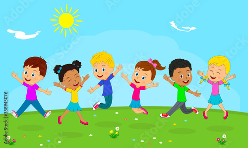 boys and girls playing, on the summer background
