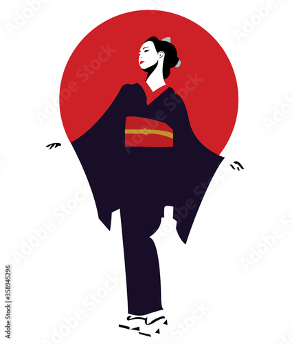 Foto Japanese woman dressed in kimono standing in front of red sun