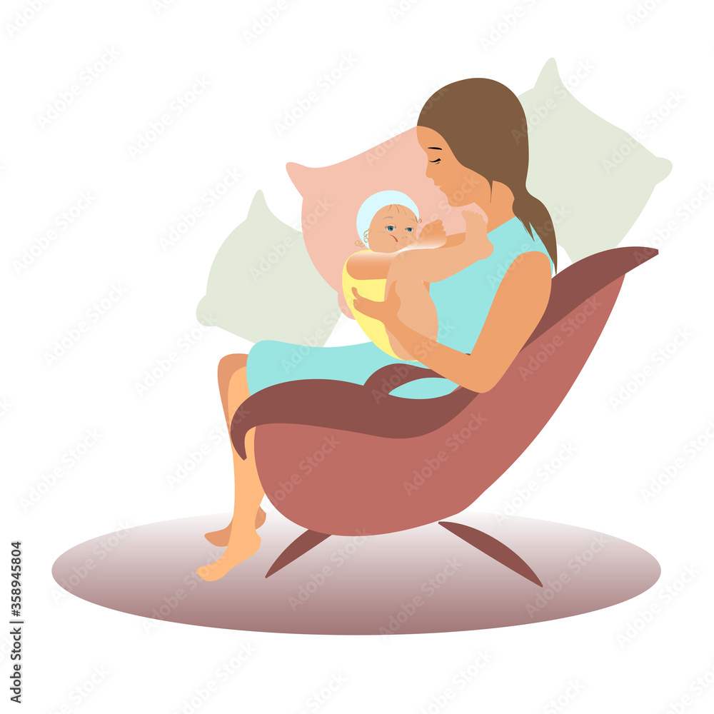 Obraz premium Girl sits in a chair. A woman breastfeeds a child. Young mother with baby. vector flat ilustracation. Mother's Day. the benefit of breast milk.