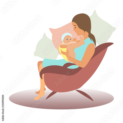 Girl sits in a chair. A woman breastfeeds a child. Young mother with baby. vector flat ilustracation. Mother's Day. the benefit of breast milk.