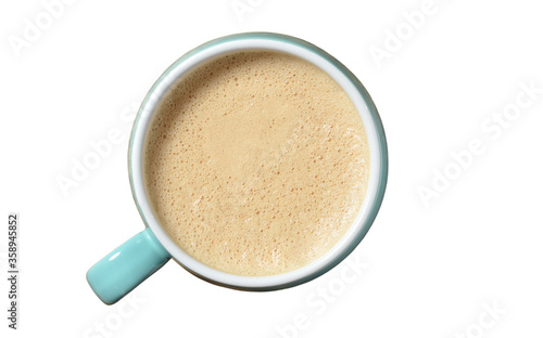 Coffee mug with thick foam top view on a white isolated background