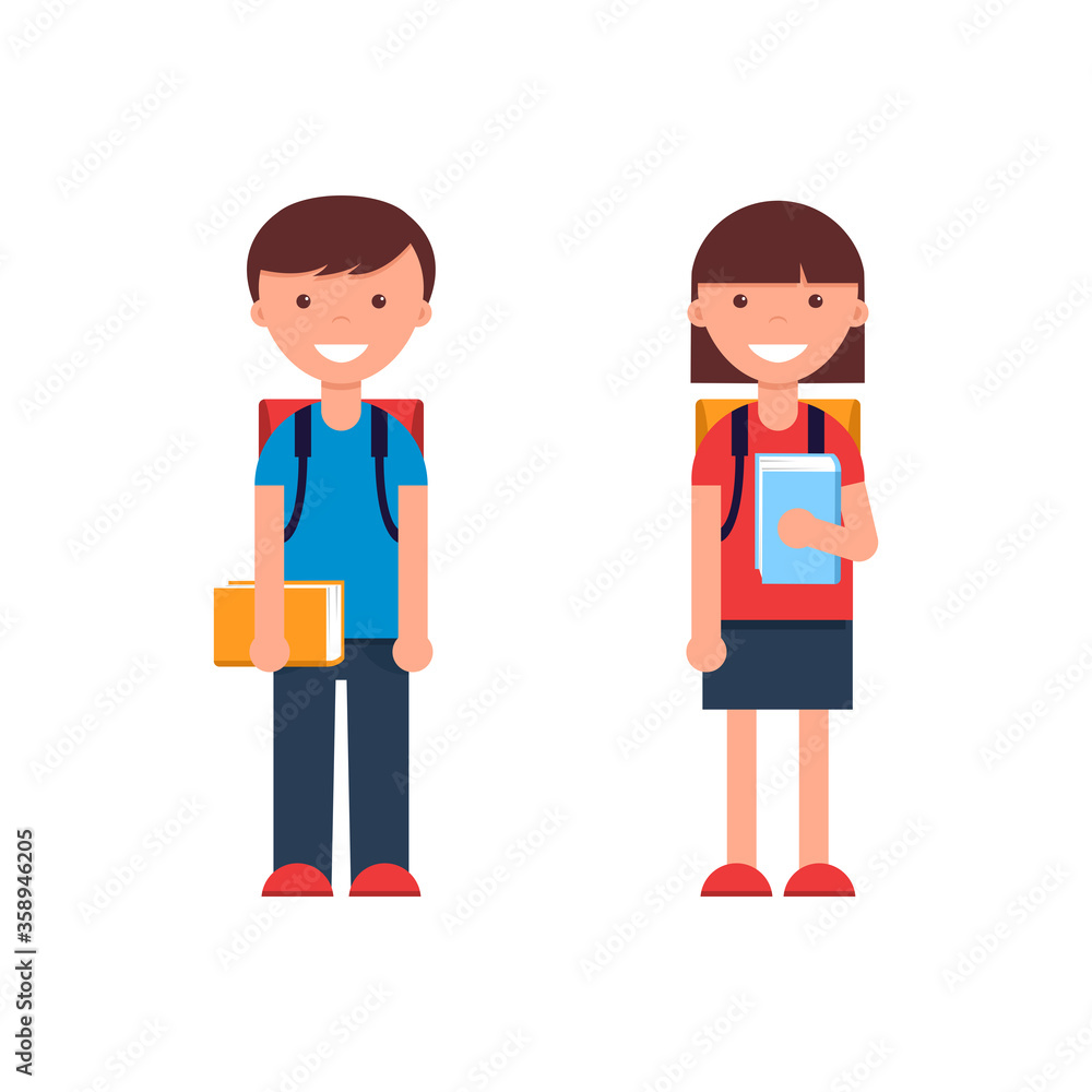 School kids in flat design. Boy and girl on white background. School kids in flat design. Boy and girl on white background.