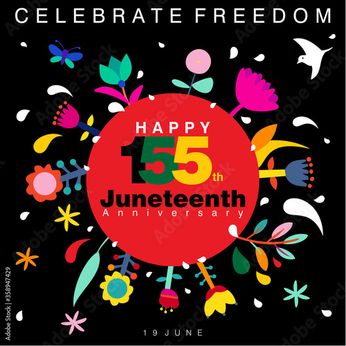 Vector illustration on Happy 155th Juneteenth Anniversary in abstract colorful floral designs
