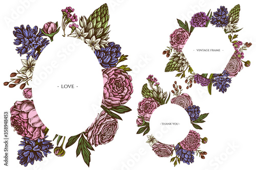 Floral frames with colored peony, carnation, ranunculus, wax flower, ornithogalum, hyacinth