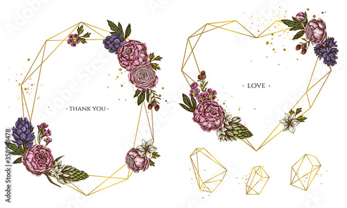 Golden frame with peony, ranunculus, wax flower, ornithogalum, hyacinth