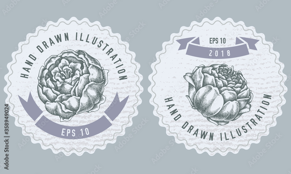Naklejka premium Monochrome labels design with illustration of peony