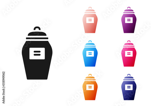 Black Funeral urn icon isolated on white background. Cremation and burial containers, columbarium vases, jars and pots with ashes. Set icons colorful. Vector.