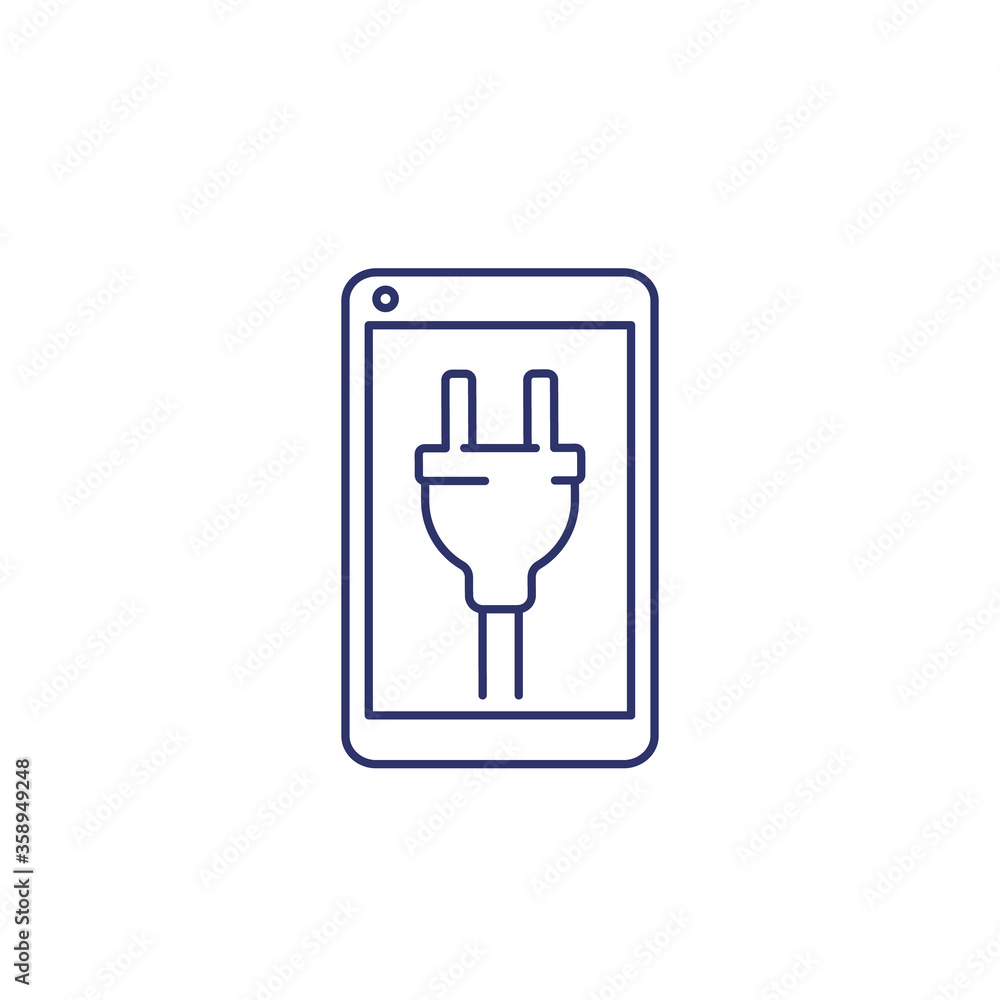 phone with electric plug on screen line icon phone with electric plug on screen line icon
