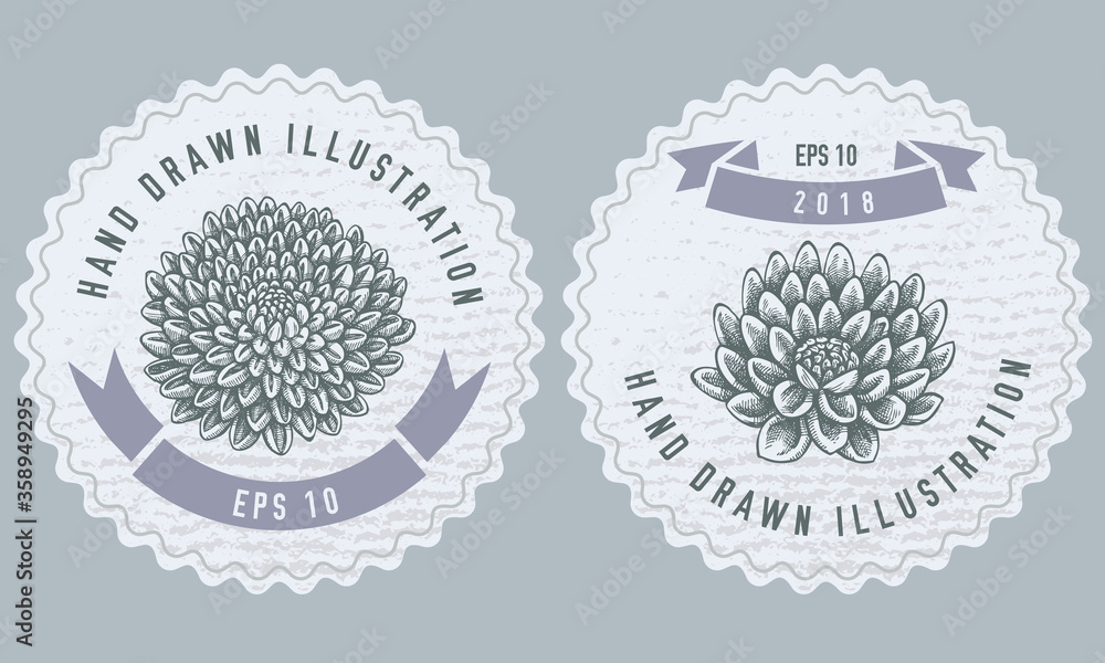 Monochrome labels design with illustration of dahlia