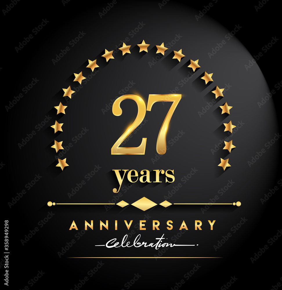 27th years anniversary celebration. Anniversary logo with stars and elegant golden color isolated on black background, vector design for celebration, invitation card, and greeting card