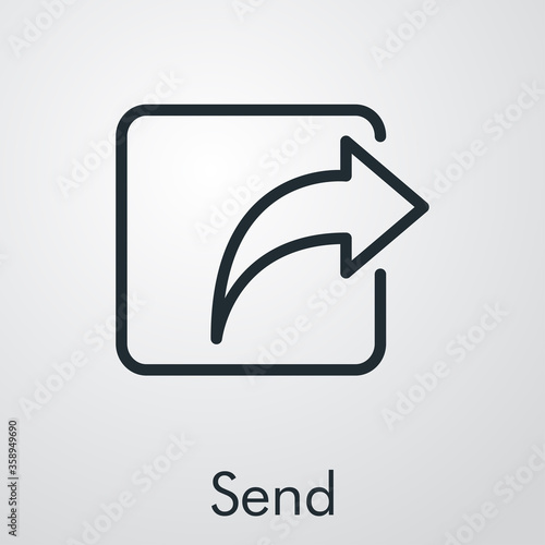 Icono plano lineal palabra Send con flecha curva en cuadrado en fondo gris