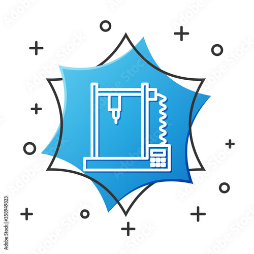 White line 3D printer icon isolated on white background. Blue hexagon button. Vector Illustration.