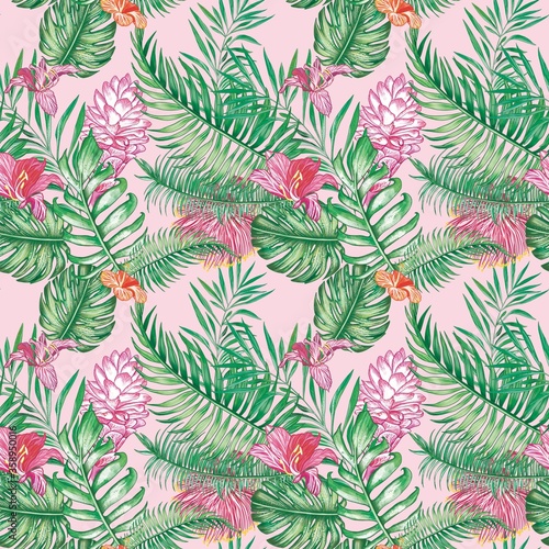 Tropical seamless print. With bright exotic flowers and leaves. Great for packaging, fabric and posters.