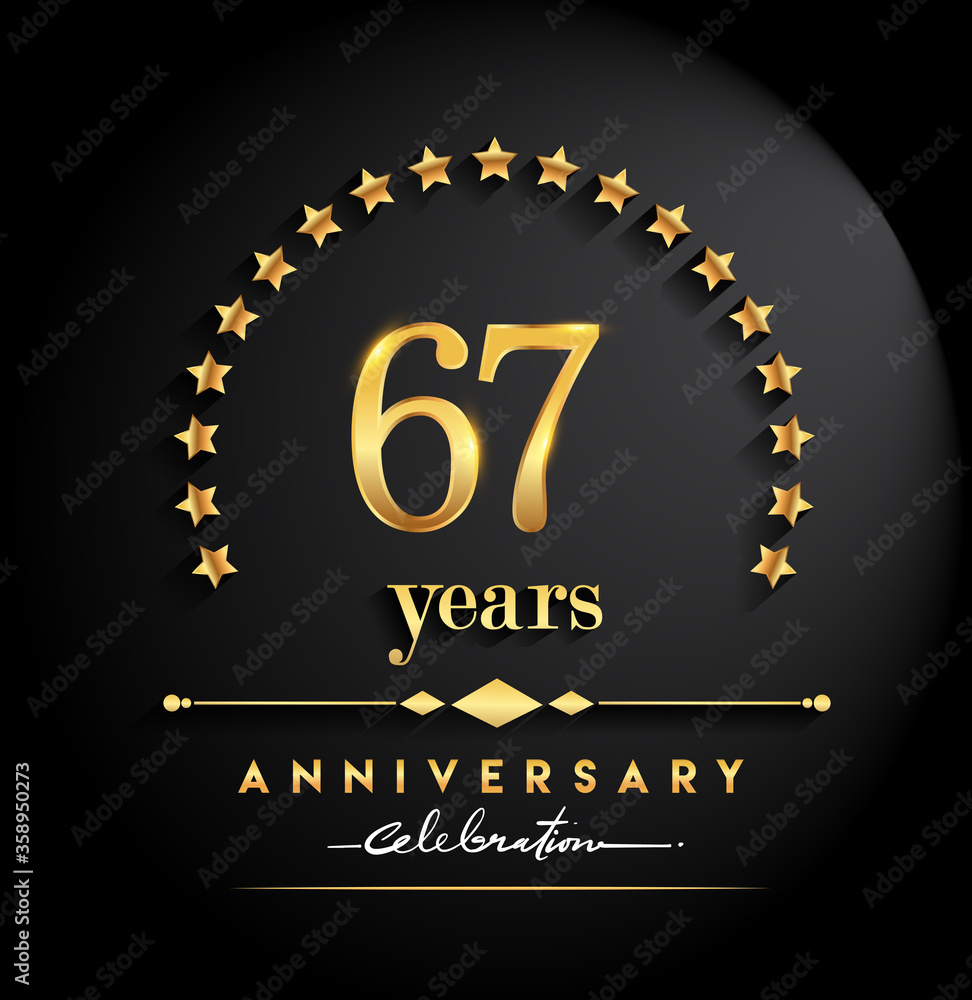 67th years anniversary celebration. Anniversary logo with stars and elegant golden color isolated on black background, vector design for celebration, invitation card, and greeting card 67th years anniversary celebration. Anniversary logo with stars and elegant golden color isolated on black background, vector design for celebration, invitation card, and greeting card