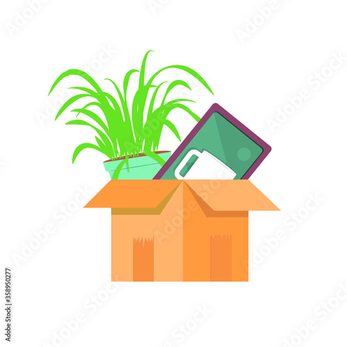 Cardboard box with things, a mug, a picture, a photograph, an ornamental plant, a flower pot. Vector flat cartoon illustration isolated on white background, eps 10.