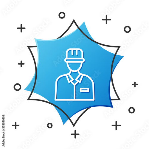 White line Oilman icon isolated on white background. Blue hexagon button. Vector Illustration.