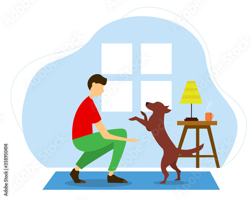 Man playing with a dog. Cute vector illustration in flat style.