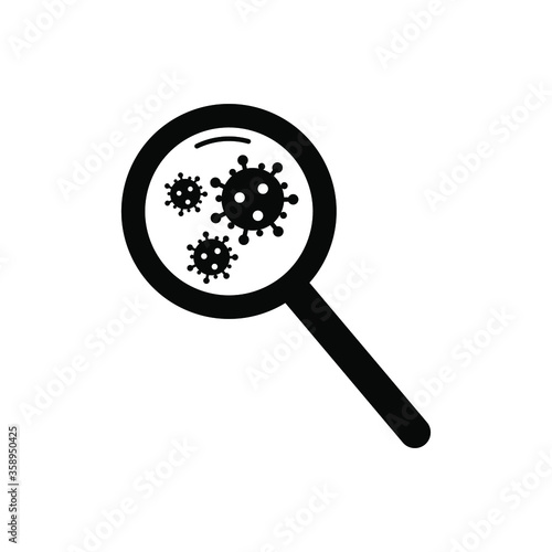 Magnifier icon with a microbe, virus or bacterium. Vector illustration, flat minimal design, black silhouette. Concept: study, study of the causative agent of infection. Isolated on white background.
