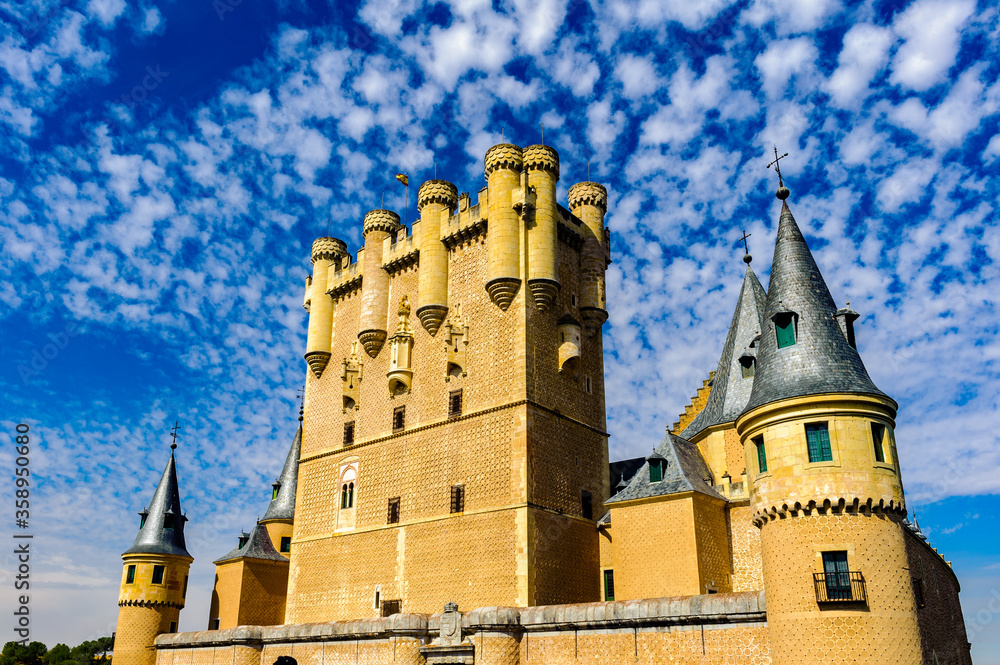 Fototapeta premium It's Alcazar of Segovia (Segovia Castle), a stone fortification, located in the old city of Segovia, Spain.