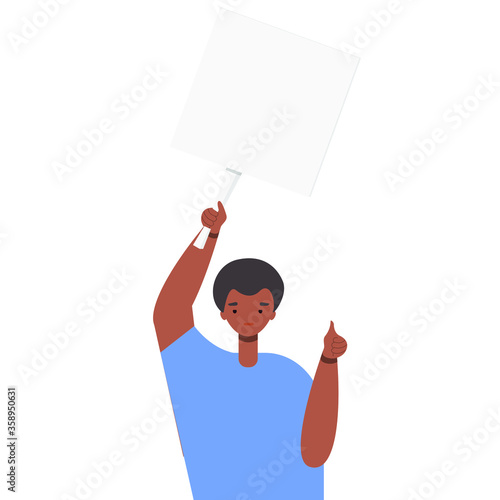 The man is protesting. Young African American holds a blank, white poster, expresses an opinion, isolated on white background. Vector illustration, flat cartoon, eps 10.