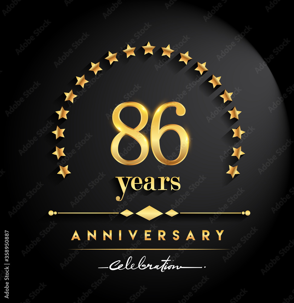 86th years anniversary celebration. Anniversary logo with stars and elegant golden color isolated on black background, vector design for celebration, invitation card, and greeting card 86th years anniversary celebration. Anniversary logo with stars and elegant golden color isolated on black background, vector design for celebration, invitation card, and greeting card