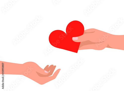 Giving a heart, hand gives a valentine. Concept: valentine's day, declaration of love, acceptance of feelings, giving love. Vector flat cartoon illustration isolated on white background, eps 10.