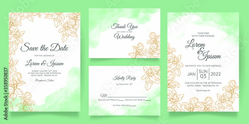 watercolor wedding invitation card template set with floral decoration