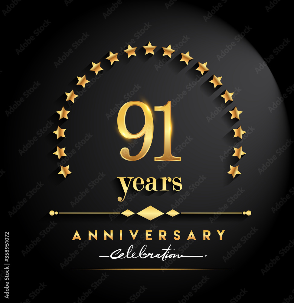 91st years anniversary celebration. Anniversary logo with stars and elegant golden color isolated on black background, vector design for celebration, invitation card, and greeting card 91st years anniversary celebration. Anniversary logo with stars and elegant golden color isolated on black background, vector design for celebration, invitation card, and greeting card
