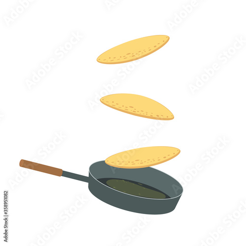Pancakes toss in a pan, in the air, turn on the fly. Vector illustration, flat design, color cartoon, eps 10.