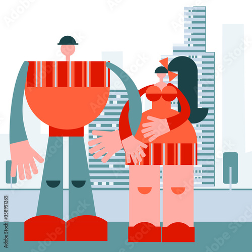 Pair in geometric style. a full-length man and woman in a primitive style. vector