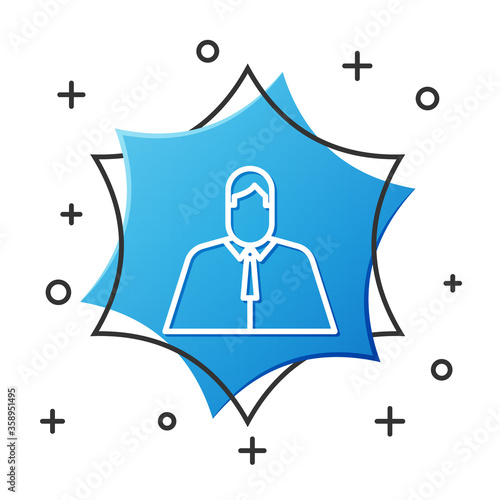 White line Lawyer, attorney, jurist icon isolated on white background. Jurisprudence, law or court icon. Blue hexagon button. Vector Illustration.