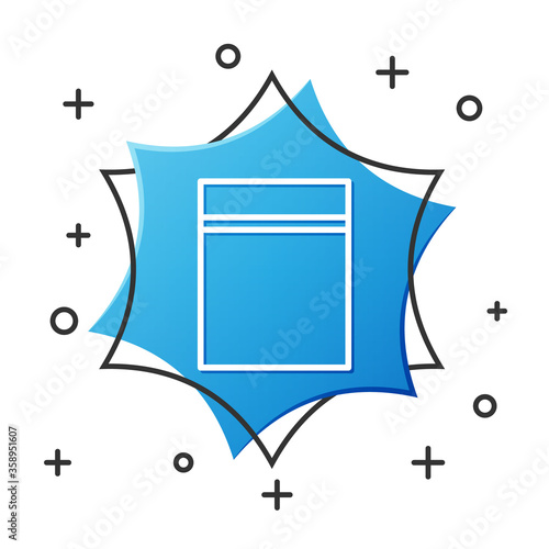 White line Plastic bag with ziplock icon isolated on white background. Blue hexagon button. Vector Illustration.