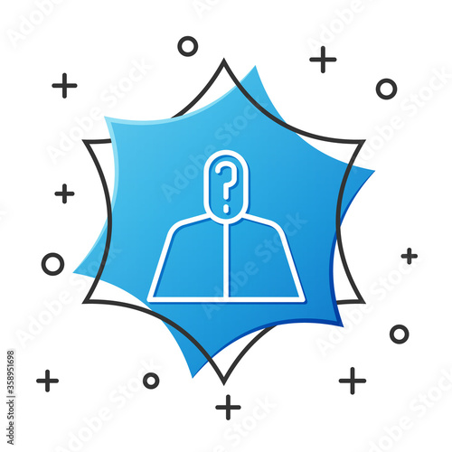 White line Anonymous man with question mark icon isolated on white background. Unknown user, incognito profile, business secrecy, obscurity. Blue hexagon button. Vector Illustration.
