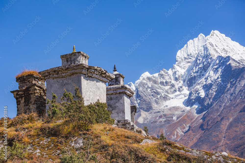 Buddhist stupas and Mount Thamserku, Nepal