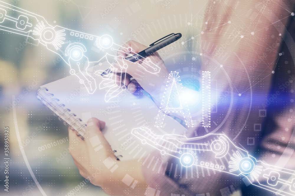 Multi exposure of woman's writing hand on background with data technology hud. Concept of innovation. Multi exposure of woman's writing hand on background with data technology hud. Concept of innovation.