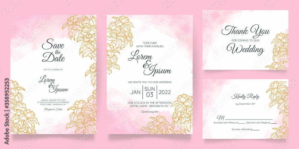 watercolor wedding invitation card template set with floral decoration