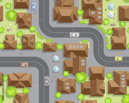 Seamless pattern cityscape. (top view) The city with streets, houses, roads, cars. (view from above) 