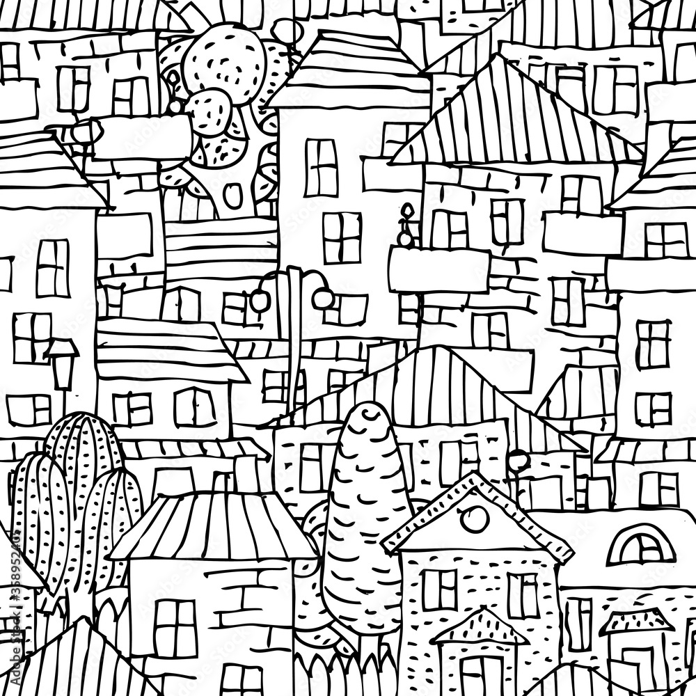 Fototapeta premium Hand drawn seamless pattern. Vector background. City landscape.
