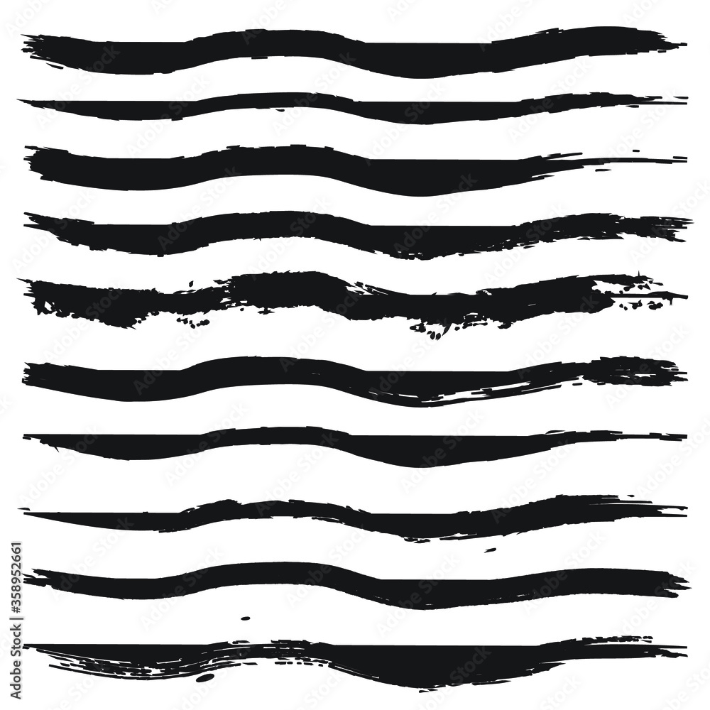 Set of 10 black brush strokes. Grunge borders. Vector illustration.