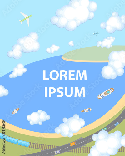 Vector illustration. Airplane, ships, roads, railways. Top view. Travel, transportation, trucking, logistics. View from above. 