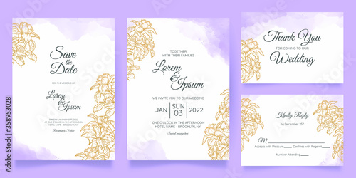 watercolor wedding invitation card template set with floral decoration