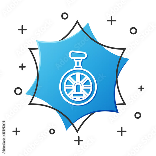 White line Unicycle or one wheel bicycle icon isolated on white background. Monowheel bicycle. Blue hexagon button. Vector Illustration.